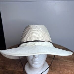 Coolibar Wide Brim Sun Hat in Cream with Brown Trim